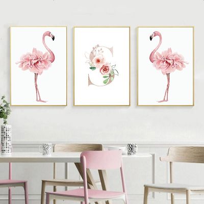 บทคัดย่อสีชมพู Rose Flamingo Art พิมพ์โลหะตัวอักษรโปสเตอร์ Nordic ดอกไม้ภาพวาดผ้าใบ Modern Wall รูปภาพสำหรับตกแต่งห้องนั่งเล่น
