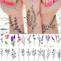 Small Black Bouquet Leaves Temporary Tattoos For Women Adult Lavender Plum Fake Tattoo Waterproof Body Art Painting Tatoos Decal Stickers