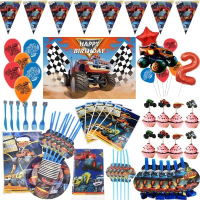 [HOT W] Blaze And The Monster Machines Theme Disposable Tableware Paper Cup Plate Napkins Balloons Racing Car Party Supplies Baby Shower