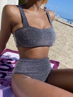 Solid Sparky Lurex Crop Top Bikini Swimsuit Female Swimsuit High Waist Bikini Women Swimwear Two-pieces Bikini Set