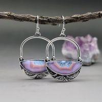 【CW】 Boho Ethnic Purple Stone Dangle Earrings for Women Girl Vintage Handmade Metal Hollow Lock Shaped Drop Earring Pendientes