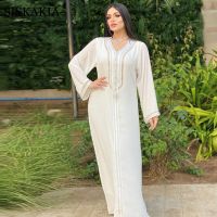 【YF】 Siskakia Dubai Abaya Dress Set for Women Eid 2021 White V Neck Long Sleeve Jalabiya Fashion Muslim Turkish Arabic Clothes Vest