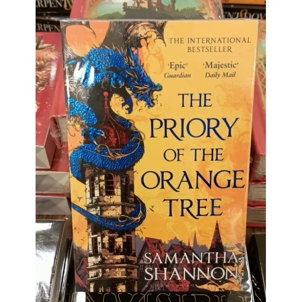Cover artwork of THE PRIORY OF THE ORANGE TREE showing a dragon and a queen