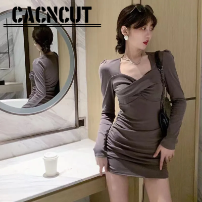 CACNCUT ชุดเดรสสำหรับผู้หญิงชุดเดรสยาวปานกลางปักลายเดรสแขนสั้นคอโปโลสไตล์เกาหลี
