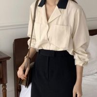 เสื้อเชิ้ตผู้หญิง  เสื้อเชิ้ตเก๋ไก๋เกาหลี แขนยาว คอปก เสื้อทำงาน โอเวอร์ไซส์ผู้หญิง เชิ้ตขาว แฟชั่นเกาหลี [136]