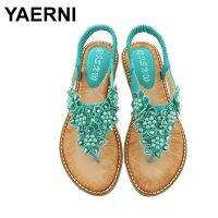 【CW】 YAERNI Sandals 2020 New Fashion Bead Round Toe Flip-flop Female Trend Shoes Woman Size 36-42