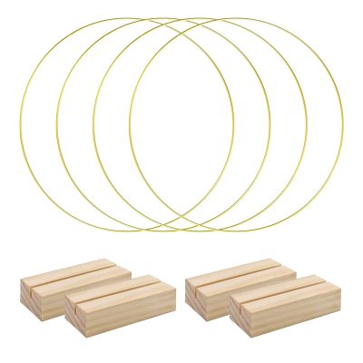 4 PCS 12 Inch Metal Floral Hoop Metal Wreath Ring Centerpiece for Table for DIY with 4 PCS Wood Place Card Holders
