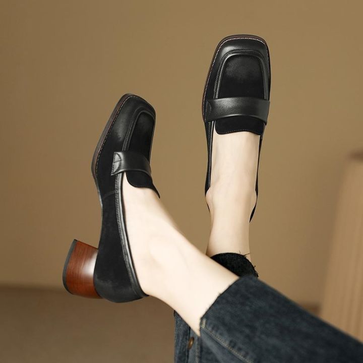 british-style-small-leather-shoes-for-women-retro-square-toe-single-shoes-thick-heels-spring-and-autumn-new-style-genuine-leather-frosted-loafers
