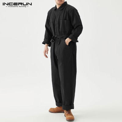 INCERUN กางเกงชุดเอี๊ยมสำหรับส่งของแขนยาวสำหรับผู้ชายหลวม (สไตล์เกาหลี)