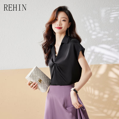 REHIN ผู้หญิง Top Niche ซาตินจีบแขนสั้นเสื้อฤดูร้อนใหม่ Elegant เสื้อชีฟอง