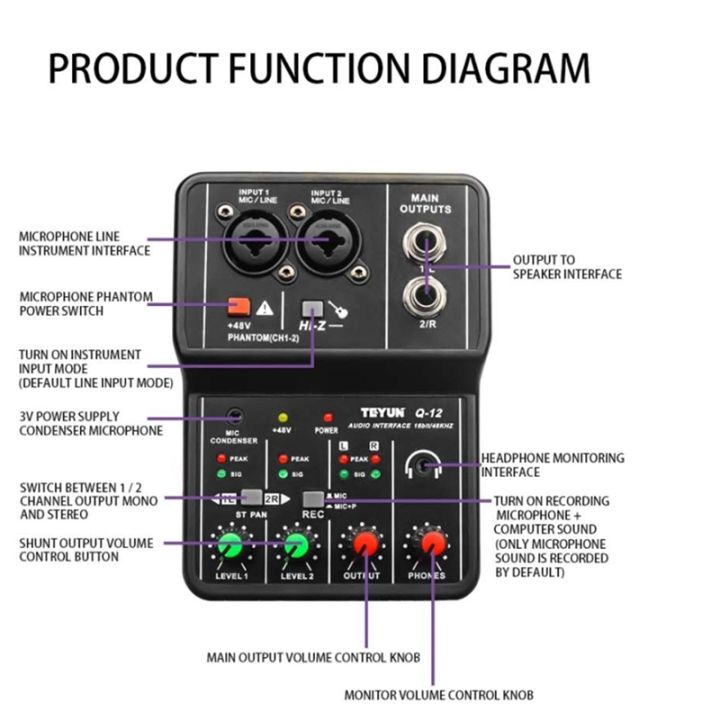 teyun-q-12-sound-card-audio-mixer-sound-board-console-desk-system-interface-4-channel-48v-power-stereo-computer-sound-card