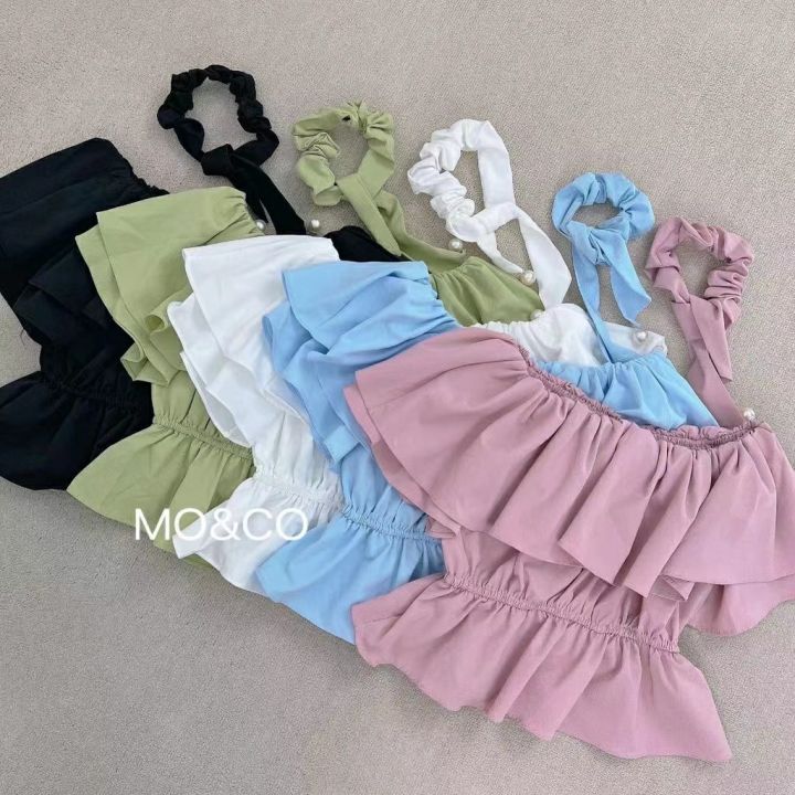 cici-พร้อมส่ง-no-2233-เสื้อปาดไหล่แต่งขายระบาย-ผ้าหนานุ่มจั้มเอว-ยืดได้เยอะ-มีสายแต่งไข่มุกแถมไปกับแมทซ์