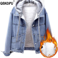 ZZOOI Winter Fleece Detachable Hooded Jean Jackets Casual Warm Women Crop Denim Coats Boyfriend Patchwork Jaqueta Jeans Thick Outwear