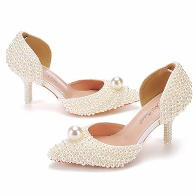 7 cm pointed high-heeled sandals dinner party pearl beaded sandals bride wedding shoot white wedding shoe female
