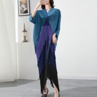 High-end fold big yards dress fashion show thin loose v-neck tassel bat sleeve temperament step fishtail skirt