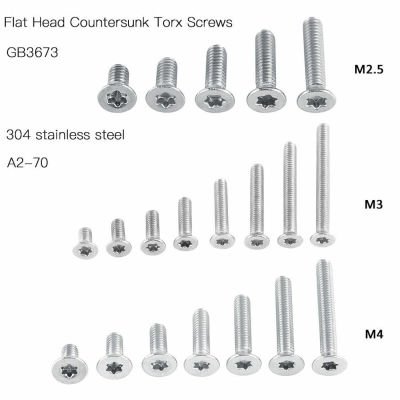 25pcs M2.5 M3 M4 304 A2 Stainless Steel Torx Screws Flat Head Countersunk Hex Sockets