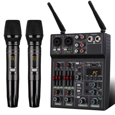 4 Channel Audio Mixer Professional UHF Wireless Microphone System Stage Performance Karaoke Microphone Sound Mixer Phantom Power