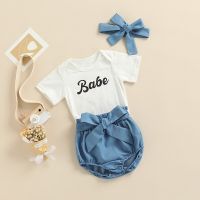 Newborn Baby Girls Short Sleeve Letter Printed Romper Tops Denim Shorts Headband 3Pcs Summer Baby Girls Clothes Set  by Hs2023