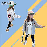 AMILA Girls เสื้อสเวตเตอร์ถักมีฮู้ดบางเด็กสไตล์ตะวันตกการ์ตูนเสื้อลำลอง