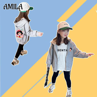 AMILA Girls เสื้อสเวตเตอร์ถักมีฮู้ดบางเด็กสไตล์ตะวันตกการ์ตูนเสื้อลำลอง