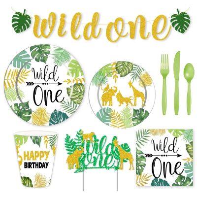 [HOT QIKXGSGHWHG 537] Wild One Theme Party ตกแต่ง Disposable Tableware Jungle Safari Theme Party Baby Shower Happy Birthday Party ตกแต่ง Kids