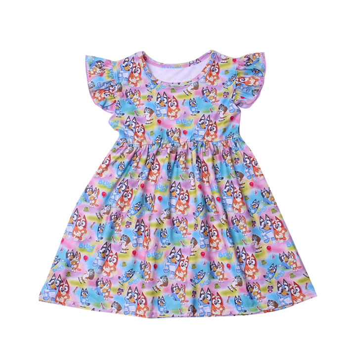 wholesales-girls-dress-ruffle-sleeve-kids-cartoon-boutique-dress-milk-silk-children-birthday-party-cue-dress