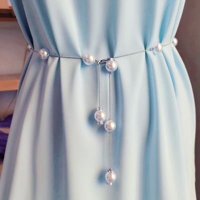 Elegant Pearl Women Belt Simple Adjustable Metal Thin Chain Belt For Ladies Dress Skinny Designer Waistband Decorative