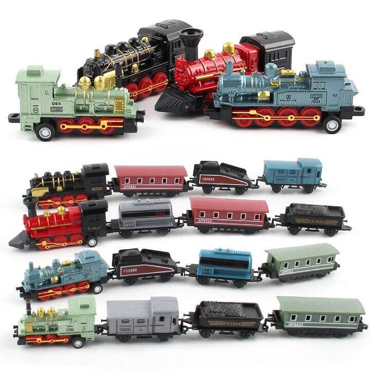 ชุด-kids-toys-รถไฟไอน้ำรถของเล่นรถไฟดึงกลับแบบของเล่นรถโมเดล-diecast-สำหรับเด็ก2ถึง4ปีแบบย้อนยุค