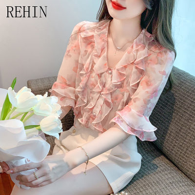 REHIN เสื้อสไตล์เกาหลีแบบใหม่คอวีแขนพองของผู้หญิง,เสื้อแขนสั้นลายดอกไม้แต่งระบายทรงหลวมเสื้อชีฟองฤดูร้อน