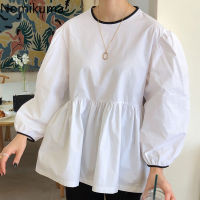 Nomikuma Women Doll Shirt Causal Puff Long Sleeve Hit Color O-neck Blouse 2020 New Korean Sweet Top Blusas Feminimos 6D595