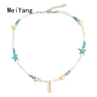 MeiYang แฟชั่น Boho หินธรรมชาติลูกปัดสร้อยคอสำหรับผู้หญิงสีเขียวขุ่นลูกปัดปลาดาวเชลล์สร้อยคอกระดูกไหปลาร้าโซ่