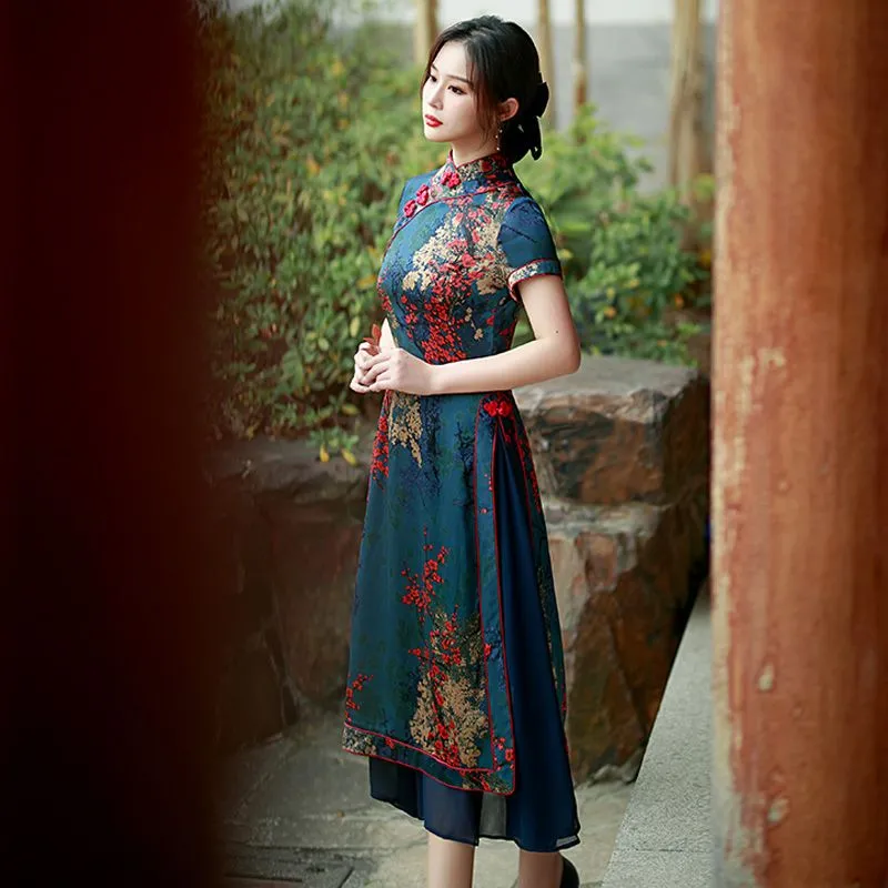 2023 Autumn New Vietnam Aodai Chinese Styles Women Floral Printing