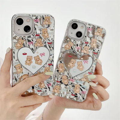 Love Heart Mirror Bow Case สำหรับ iPhone14ProMax เชอร์รี่หมีน้อยเคสสำหรับ iPhone12ProMax สเตอริโอจีบเคสสำหรับ iPhone11 กรณีการ์ตูนน่ารักสำหรับ iPhone13Pro