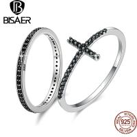 BISAER 925แหวน Silve สเตอร์ลิงขนาด6-9แหวนไม้กางเขน Stackable Round เพทายสีดำเรียบง่ายสำหรับผู้หญิงเครื่องประดับอย่างดีปาร์ตี้ twzhvj