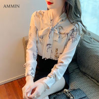 AMMIN เสื้อเชิ้ตผ้าชีฟองแขนยาวสำหรับผู้หญิง,ใหม่เสื้อเบลาส์หรูหราพิมพ์ลายดอกไม้หวานๆคอวีสไตล์เกาหลีสำหรับฤดูใบไม้ผลิและฤดูใบไม้ร่วงปี2022