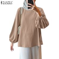 COD dhdfxcz ZANZEA Women Muslim Lantern Sleeve Cuff Elastic String Waffle Texture Knitted Blouses