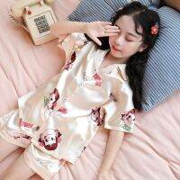 pajamas ice silk thin childrens short sleeve set parent-child mother-da女童睡衣冰丝薄款儿童短袖中大童小孩套装亲子母女宝宝家居服9.3