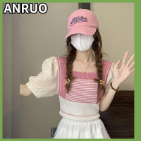 ANRUO ผู้หญิงฟองแขนเสื้อสแควร์คอเสื้อถัก 2023 ใหม่สั้นแขนด้านบนบางพอดี