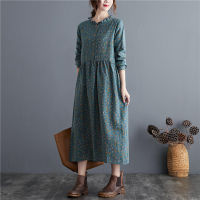 2021NYFS 2021 New Spring Autumn Vintage Long Sleeve Woman Dress Vestido de mujer Robe Elbise Cotton Linen floral Dresses for Women