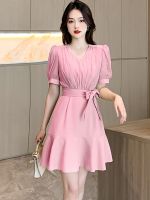 【YF】 Summer Pink Short Sleeve V-Neck Mini Dress Women Green Elegant Chic Ruffled Mermaid 2023 Solid Bodycon Party Evening