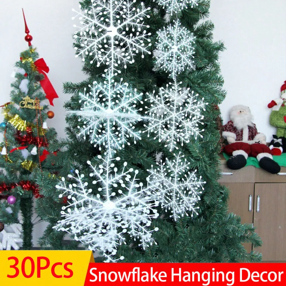 Artificial Christmas Snowflake Flakes Glitter White Plastic Fake Snowflakes  Ornaments Xmas Tree Hanging Pendant Party Home