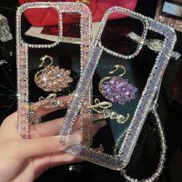 3D Bling Rose Love Glitter หงส์คริสตัลเคสโทรศัพท์สำหรับ Iphone 14 13 12 11 Pro Max X XS XR 7 8 Plus SE โซ่มินิฝาครอบสาย