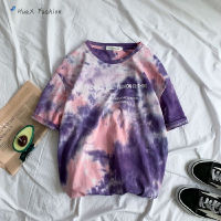 HuaX เสื้อยืดสตรี Tie-Dye สั้นเสื้อยืดคอพิมพ์จดหมายหลวม Top