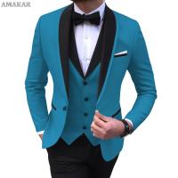 Blue Slit Mens Suits 3 Piece Black Shawl Lapel Casual Tuxedos For Wedding Groomsmen Suits Men 2022 (Blazer+Vest+Pant)