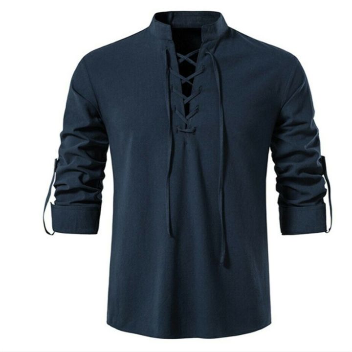 เสื้อยืดผู้ชายเสื้อคอวีใหม่-เสื้อยืดแฟชั่นวินเทจบางแขนยาวเสื้อผู้ชายเสื้อรัดรูปไวกิ้งระบายอากาศลำลอง
