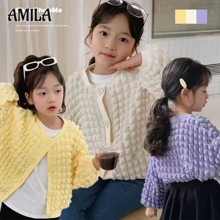 amila-เสื้อโค้ทเด็กผู้หญิง-ลายสก็อตพองใหม่-เสื้อคาร์ดิแกนสวยงาม-คอกลมสไตล์เด็ก-เสื้อคลุมแขนยาวลำลอง