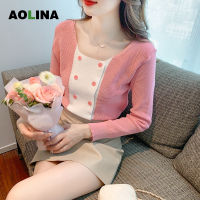 AOLINA เสื้อสเวตเตอร์คาร์ดิแกนสีคอกลมของผู้หญิงดีไซน์พื้นฤดูใบไม้ร่วงและฤดูหนาวสำหรับผู้หญิง