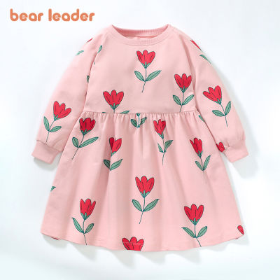 Bear Leader ชุดเดรสสำหรับเด็กผู้หญิงน่ารักใหม่2023ฤดูใบไม้ผลิคอกลมฤดูใบไม้ผลิลายพิมพ์ดอกไม้แดงแขนยาวสำหรับ2-7น้ำตา