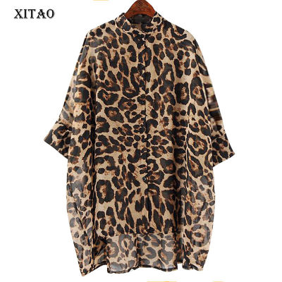 XITAO Shirt Loose Bat Sleeve Irregular Top Fashion Leopard Print Women Chiffon Shirt