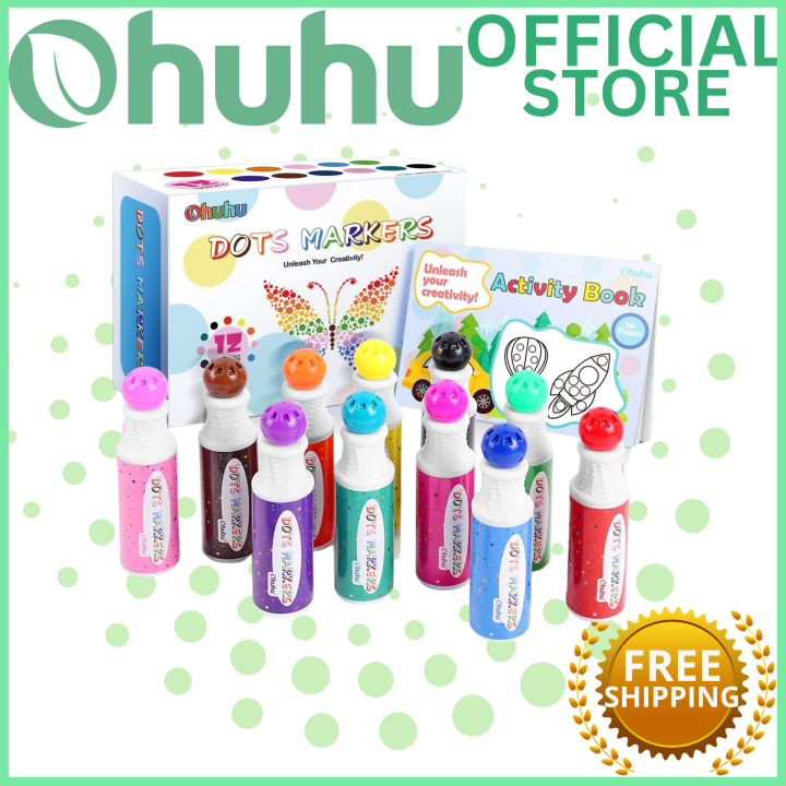 Washable Dot Markers for Kids with Free Activity Book | 10 Colors Set | Water-Based Non Toxic Paint Daubers | Dab Marker Kit for Toddlers 